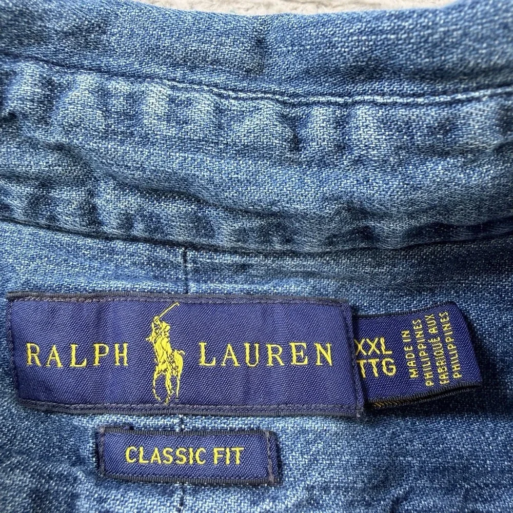 Polo Ralph Lauren Shirt Mens 2XL Classic Fit Blue Denim Button Down Flesh Pony